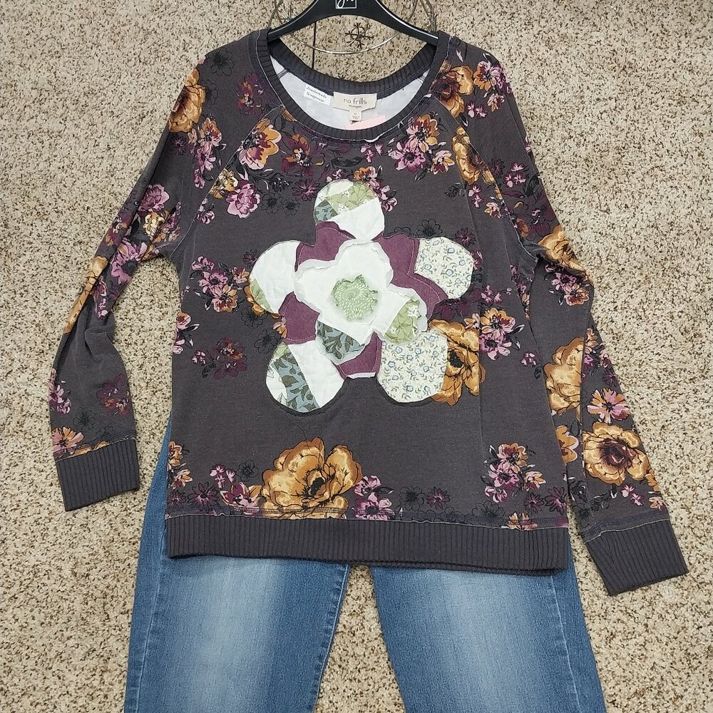 3244 Size XL No Frills Upcycled Sweat Shirt With Quilted Flower Insert.